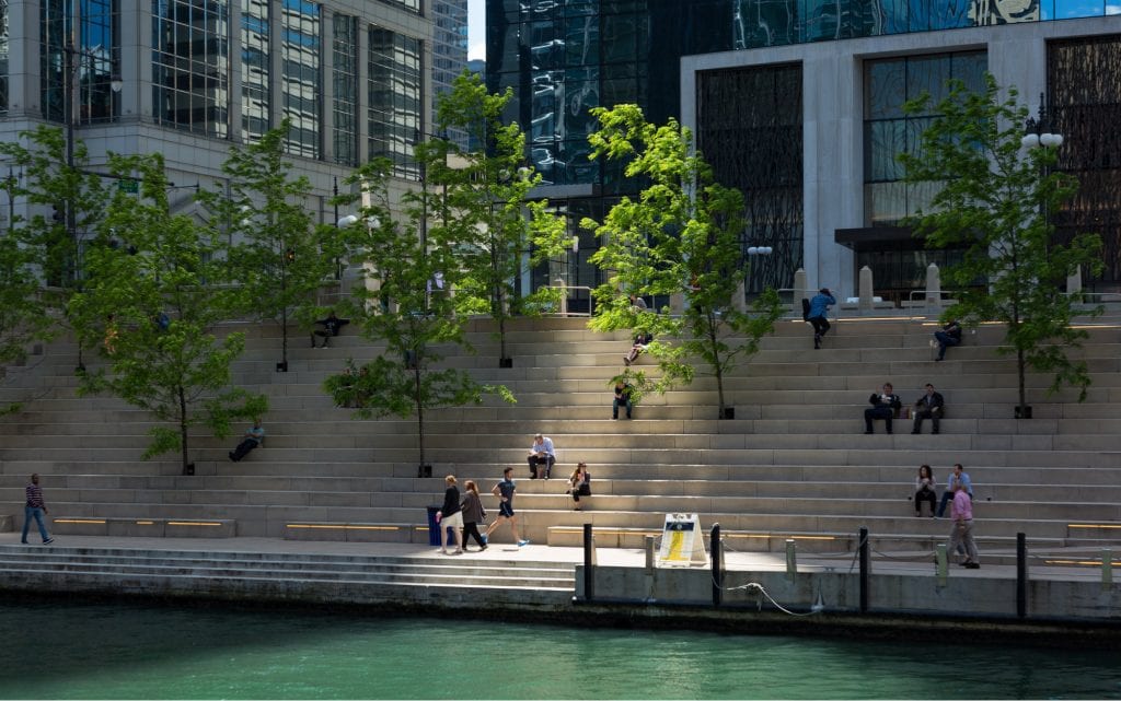 chicago riverwalk trees integrated into stairs