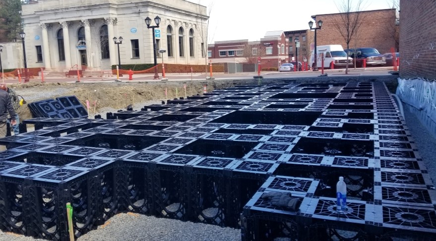 Image of an installation of RootSpace Soil cells during renovation of a park.