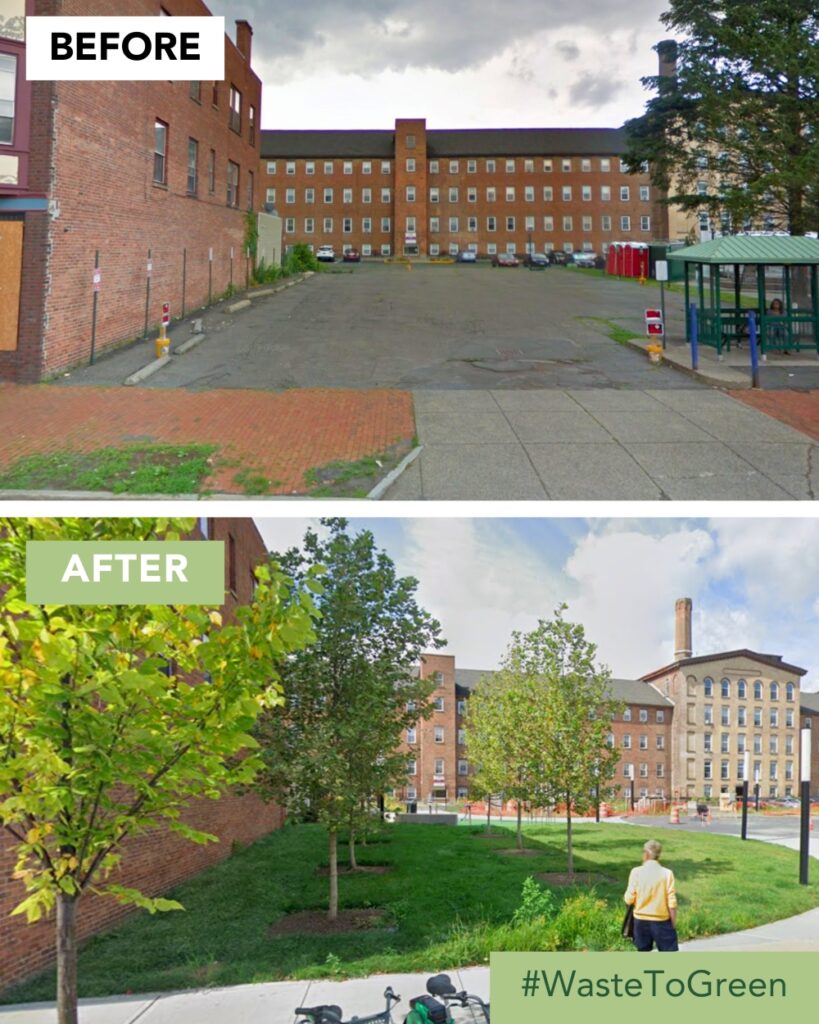 A before and after image showing the renovation of a park from pavement to green space with trees, with the caption #WasteToGreen