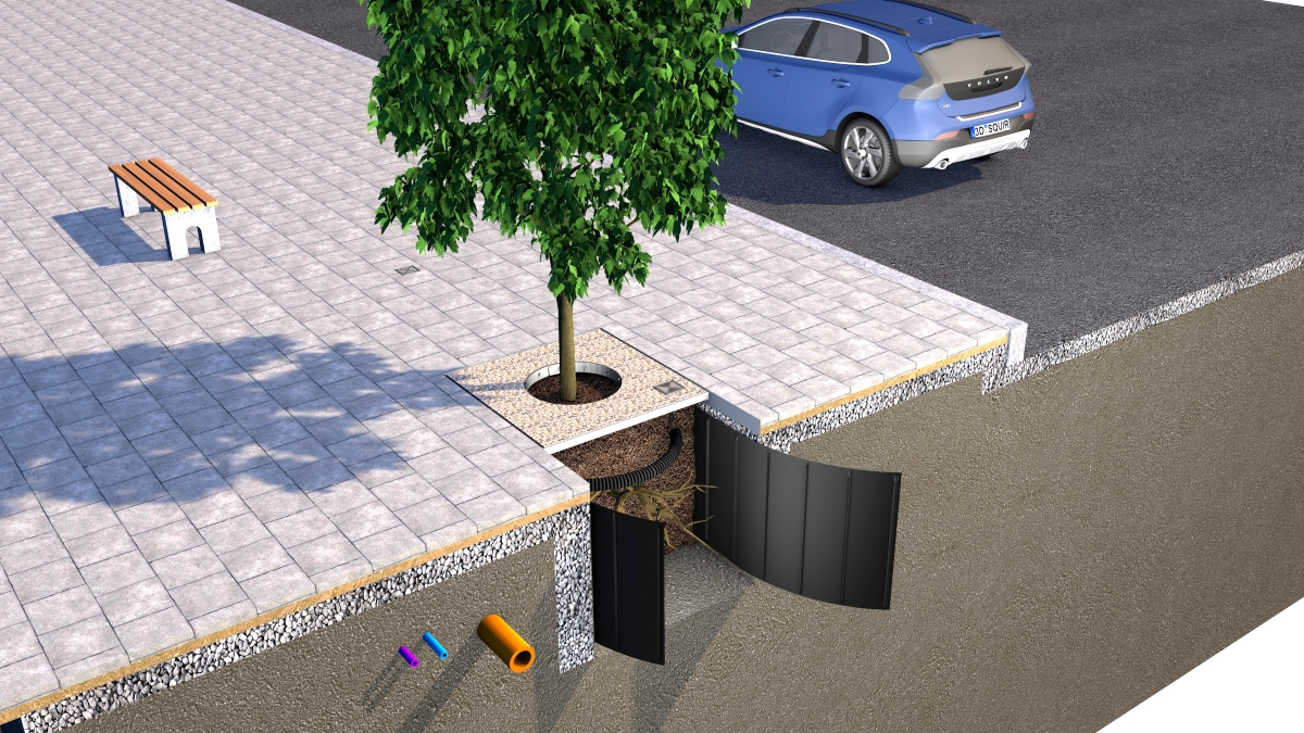 A rendering showing a tree and cutaway of a tree pit with ReRoot Barrier to prevent root heave and pavement damage