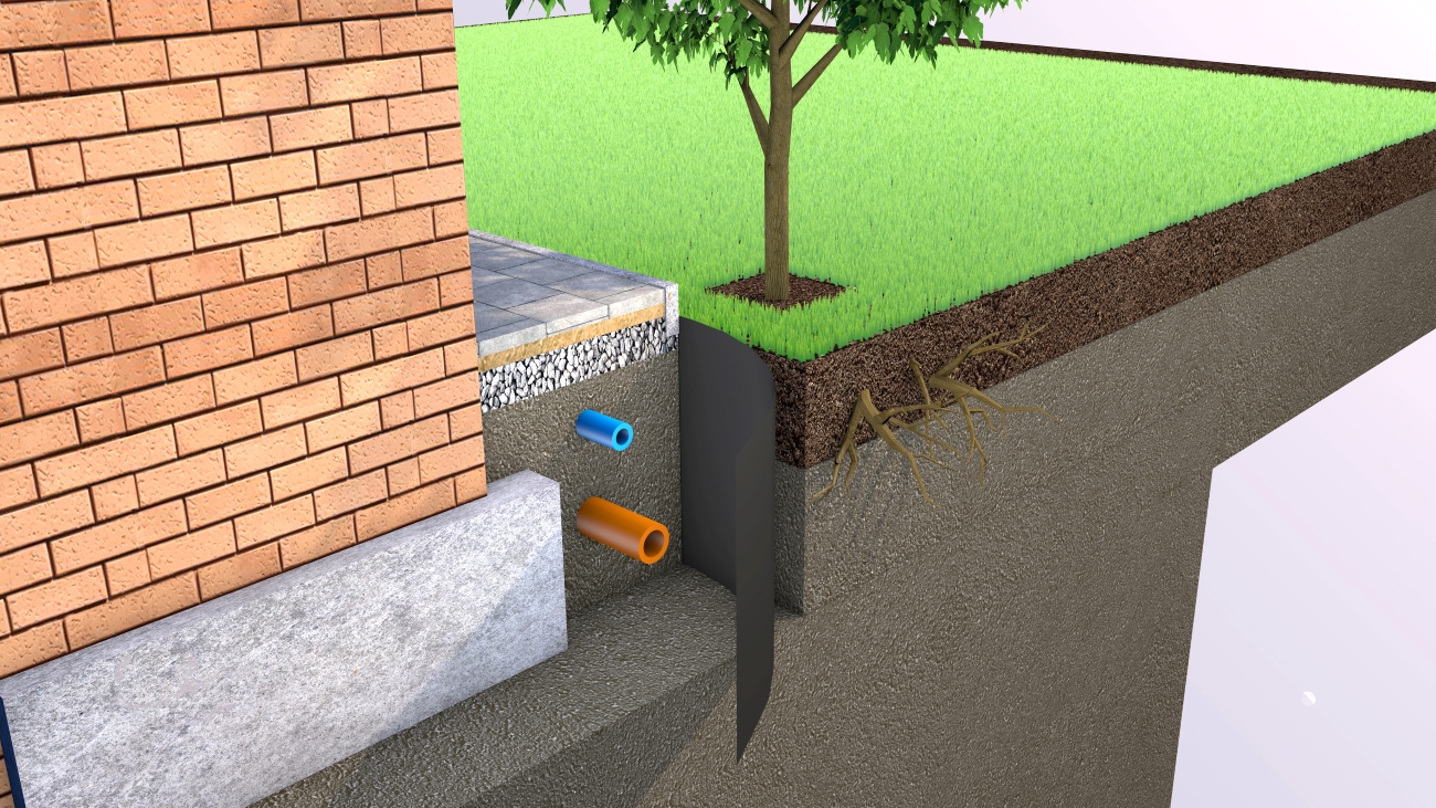 A rendering showing a tree and cutaway of a tree pit with a smooth RootStop Barrier between the tree pit and pavement to prevent root heave and pavement damage