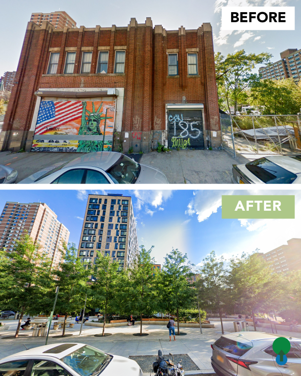 Before/After Comparison showing a shabby building and sidewalk before, and large, green trees and a park after.