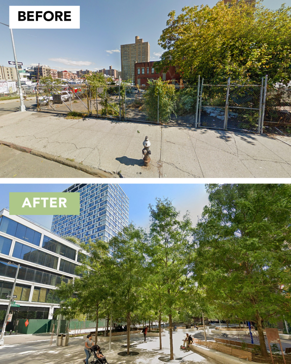 Before/After Comparison showing the shabby corner before, and large, green trees after.